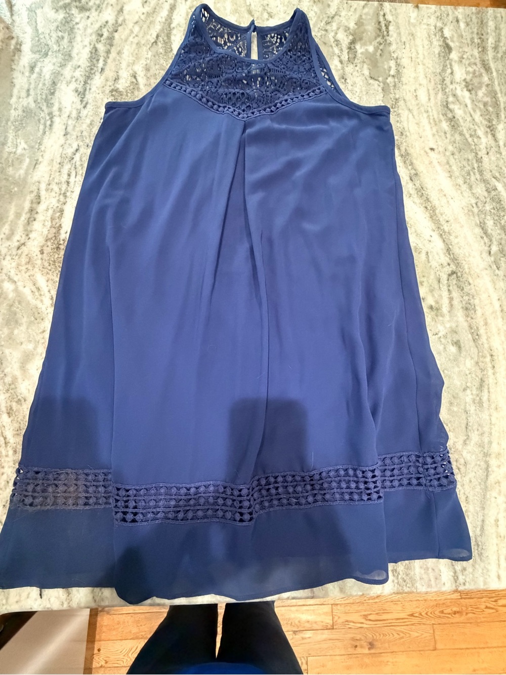 Iz Byer Navy Blue Crochet-Trim A-Line Skirt